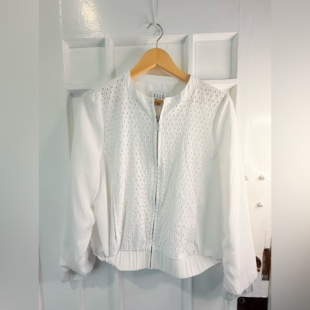 Elle Women's White Bomber Jacket with Eyelet Design